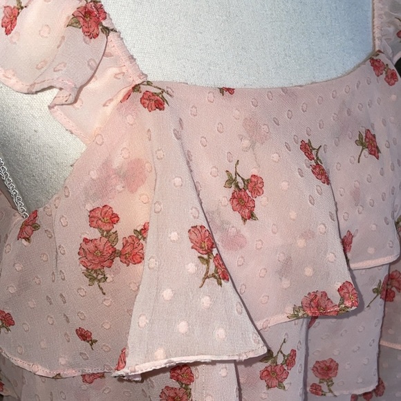 Forever 21 Pink Red Poppies Floral Tiers Ruffle Straps Cropped Cami Tank Sz M - Picture 4 of 15